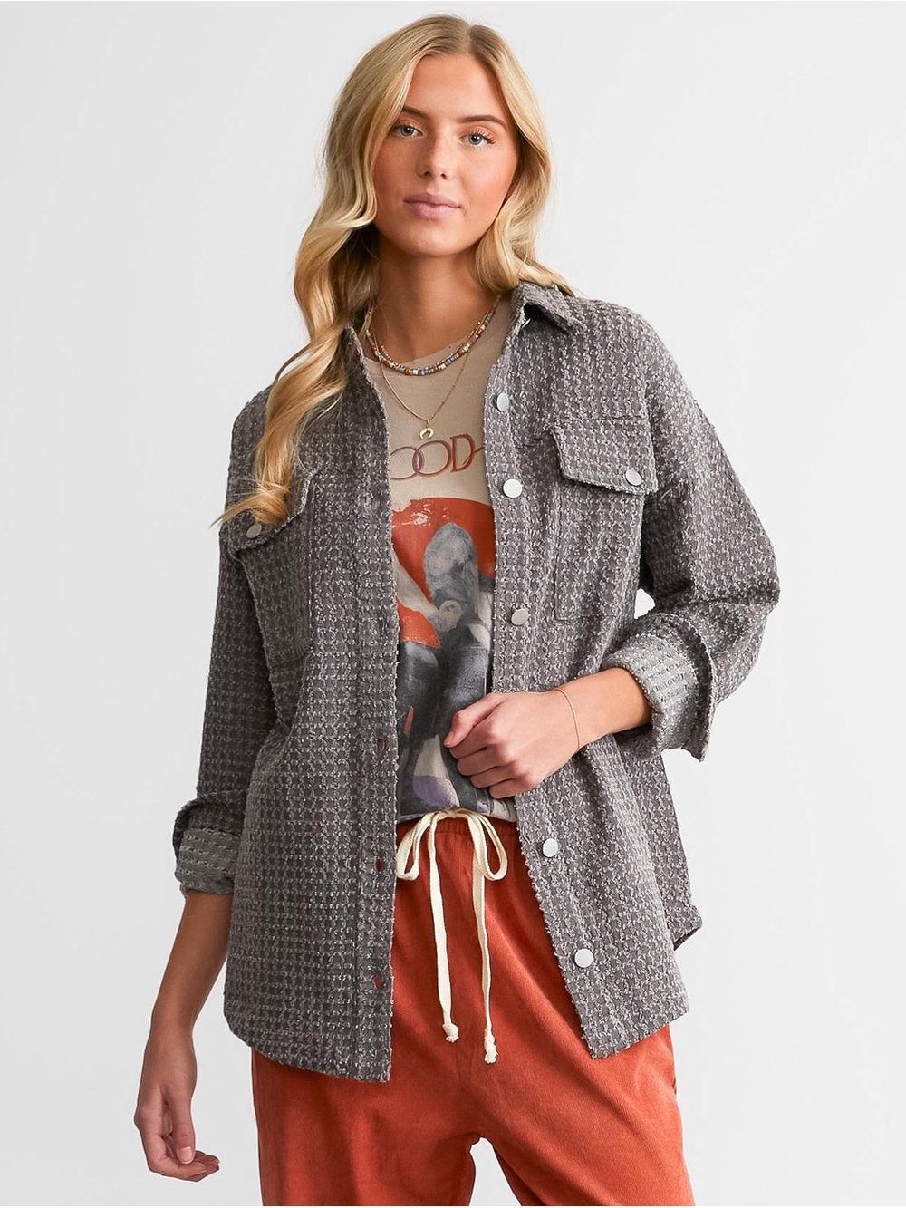 BKE Gray Textured Knit Button-Front Shacket Size L